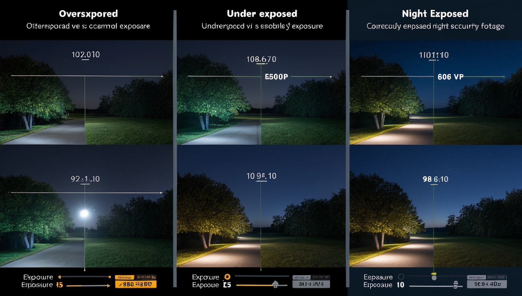 Kültéri kamera expozíciós beállítások összehasonlítása túlexponált, alulexponált és helyes éjszakai expozícióval